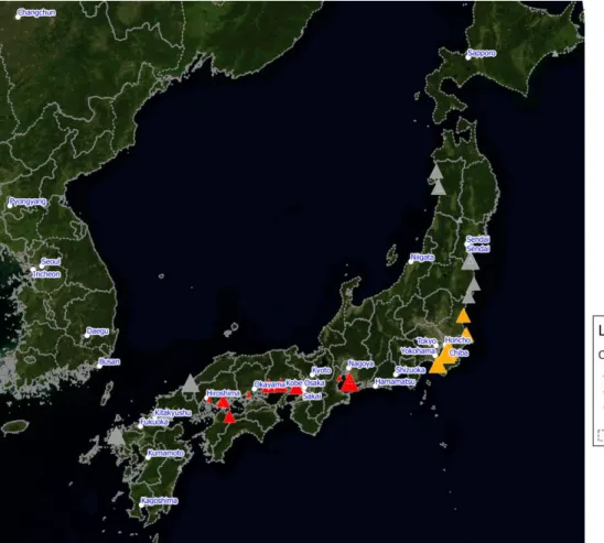 Figure 2. Map of coal-fired power plant projects in Japan and inclusion in case studies 