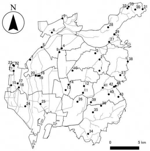 Fig. 1.  Sampling  localities  for  freshwater  molluscs  used  for  DNA  barcoding.  Thick  lines  denote  ward  boundaries  and  thin  ones  show  drainage  systems  in  Nagoya  City