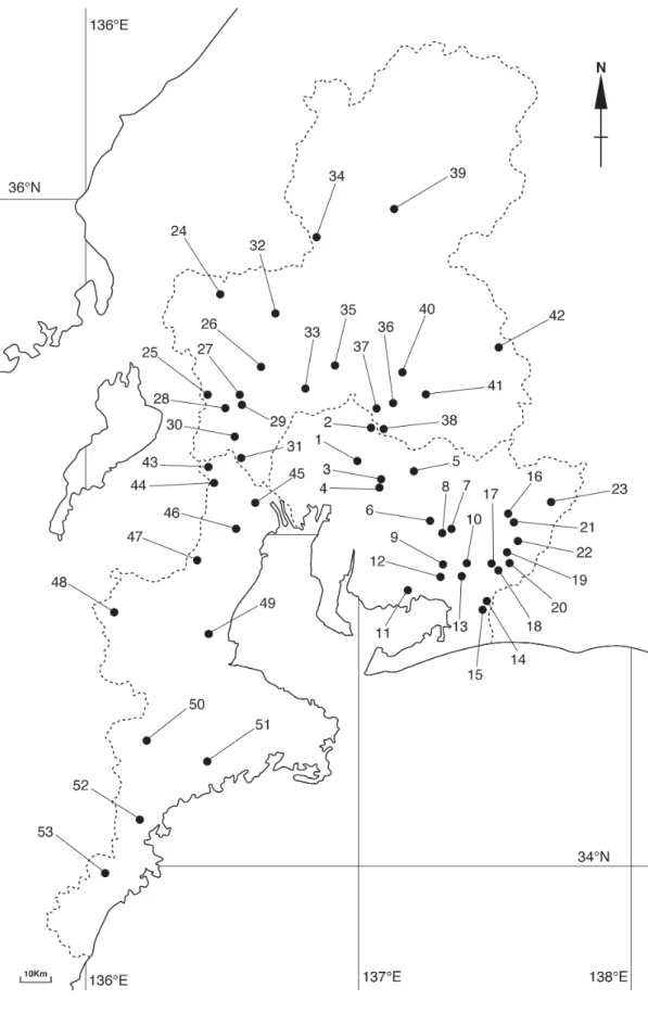 図 1. 東海三県におけるタカチホヘビの確認場所
