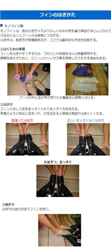 図 1  モノフィンの履き方と脱ぎ方 