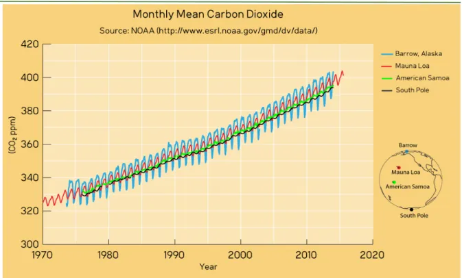 図 B は、Barrow, Mauna Loa, American Samoa, 南極で測定された月別の大気 CO 2