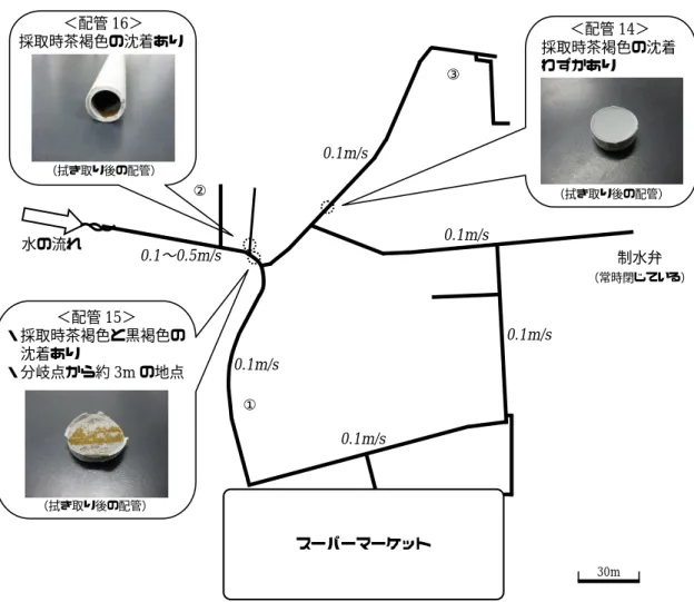 図 1  配管 14〜16（表 2）の区域図  表 2 にある 配管 15 以降の、およそロの字になったループ部分には、大口需要者のスーパーマーケ ットと、アパートを中心とした 50 家庭ほどの家屋が存在する。右端の常時閉じている制水弁は、 別系統との非常時の融通を目的としたもので、その付近の滞留解消も将来の課題となり得る。 ＜配管16＞ 採取時茶褐色の沈着あり ③ ② ＜配管15＞ ・採取時茶褐色と黒褐色の沈着あり ・分岐点から約3mの地点 ＜配管14＞ 採取時茶褐色の沈着 わずかあり （拭き取り後の配管
