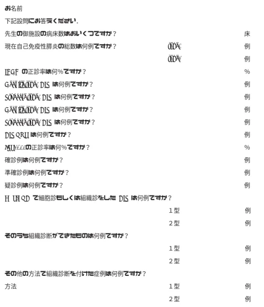 表  アンケート 貴施設名 お名前 下記設問にお答えください． 先生の御施設の病床数はおいくつですか？ 現在自己免疫性膵炎の総数は何例ですか？ ICDC  の正診率は何％ですか？         