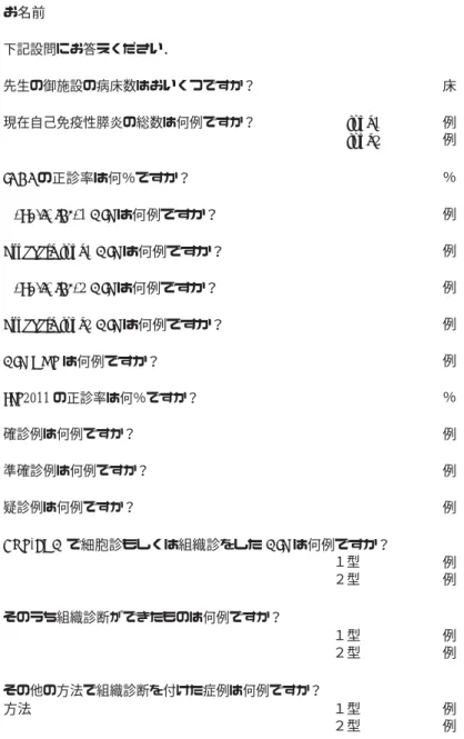 表   アンケート  貴施設名  お名前  下記設問にお答えください．  先生の御施設の病床数はおいくつですか？  床  現在自己免疫性膵炎の総数は何例ですか？  type1  type2  例 例  ICDC  の正診率は何％ですか？  ％ 