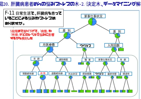 図 20 は、データマイニング（決定木法、 SPRINT アルゴリズム）解析で 3 段分岐まで を示したものであるが、肝硬変や肝癌である という病態の進展が、悩みストレスの要因に なっていないのか、所得が低いことが悩みス トレスの要因になっていないのか、決定木を4分岐、5分岐まで掘り下げて検討した。病態は5段階で抽出されたが、所得は5段階まででは抽出されず、さらにそれより下段のところで出現した。 差 別 家事仕事状況 差 別 月医療費 ウイルス 入院回数 年 齢 通院頻度 職 業 家事仕事状況 年 齢 現勤