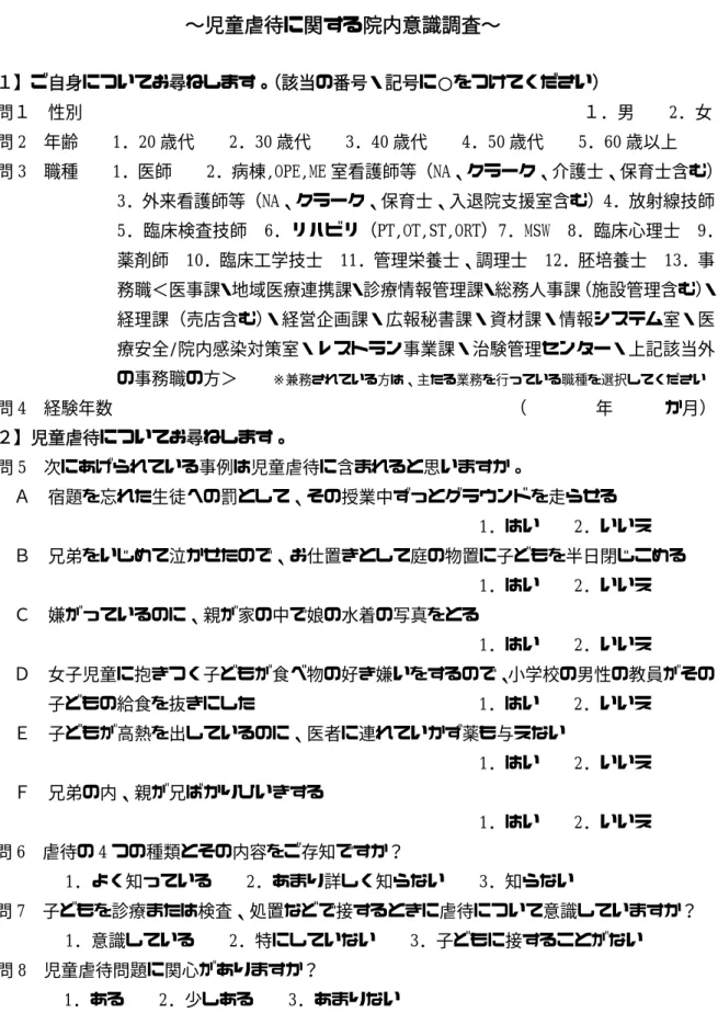 表 1                                                1 ページ目  【１】ご自身についてお尋ねします。 （該当の番号・記号に○をつけてください）  問１  性別                                                          １．男    2．女  問 2  年齢    1．20 歳代    2．30 歳代    3．40 歳代    4．50 歳代    5．60 歳以上  問 3  職種    1．医師 