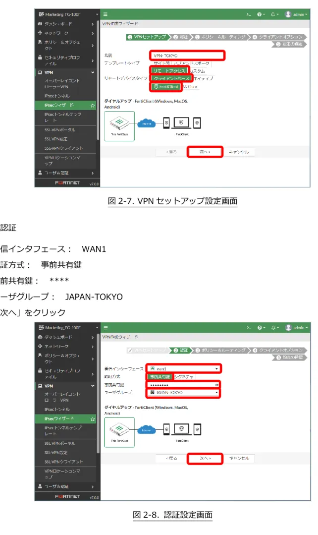 図 2-7. VPN セットアップ設定画面  ②認証  着信インタフェース：  WAN1  認証方式：  事前共有鍵  事前共有鍵：  ****  ユーザグループ：  JAPAN-TOKYO  「次へ」をクリック  図 2-8
