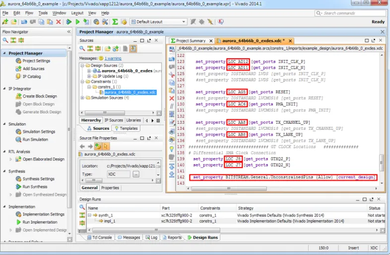 図  12 : Aurora 64B/66B  シ ン プ レ ッ ク スの  LOC  制約 表  1 : Aurora 64B/66B  シ ン プ レ ッ ク スの制約 ピ ン名 LOC  値 INIT_CLK_N AD11 INIT_CLK_P AD12 RESET AG5 PMA_INIT AC6 TX_CHANNEL_UP/RX_CHANNEL_UP AA8 TX_LANE_UP/RX_LANE_UP AB8 GTXQ2_N J7 GTXQ2_P J8
