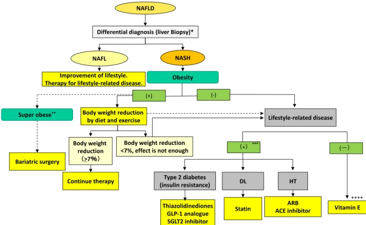Fig. 4 Flowchart of therapy for NAFLD/NASH. BMI body mass index; DM diabetes mellitus; HT hypertension, DL dyslipidemia;