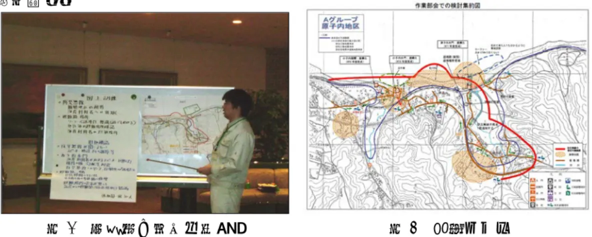 図 4  現地確認      図 5  問題点の抽出・検討           図 6  防災マップ  また、町内の沿岸部では、自主防災組織や消防団自らが海抜表示板を作成・設置 し、誰でもいつでも居場所の海抜高さを認識できるような取り組みも行われている （図 7、8） 。  図 7  避難場所表示板              図 8  海抜表示  ②  消防団員の水門等閉鎖に要する時間を短縮  2010 年 2 月に発生したチリ中部沿岸の地震により、最大 1.2ｍの津波が記録され たことを踏まえ、町では、消