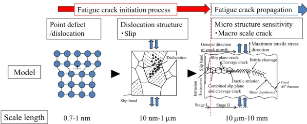Fig. 1-1 Schematic of the fatigue damage accumulation in the different scales. 