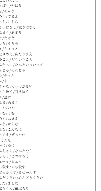 表 9 パターン不足だと判断した文字の内訳 音変化としてマークされた表現 / 元の形として記入された表現 文字数 じゃん / ではない 36 あたし / わたし 33 やっぱり / やはり 8 んな / そんな 7 てめえ / てまえ 6 こっち / こちら 4 置きっぱなし / 置きはなし 2 あんまり / あまり 2 けど / だけど 2 そっち / そちら 2 ちょ / ちょっと 2 ったりめえ / あたりまえ 2 どゆこと / どういうこと 2 なんたって / なんといったって 2 ほんじゃ / そ