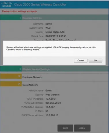 図  4  に示すように、確認画面が表示され  WLC  の変更を適用するかどうか確認されます。 [OK]  をクリックすると システムが再起動することが通知されます。