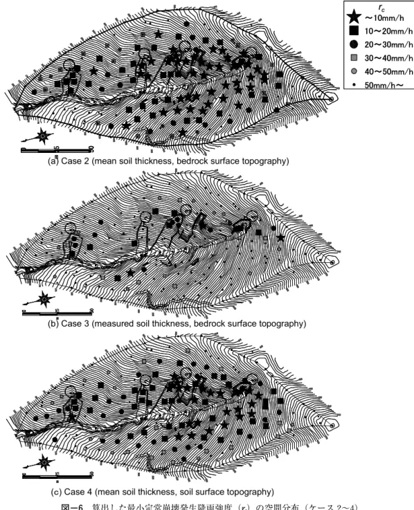 Fig． ６ Spatial variability of calculated critical steady-state rainfall intensity (r c ) (Case 2−4)