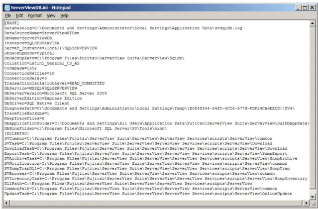 図 20: *.ini ファイルの例 ServerViewDB.ini 設定ファイルにおける重要なエントリ ServerViewDB.ini 設定ファイルには、次の重要なエントリがあります。 l データベースサーバのインスタンス名: エントリ「Server_Instance」 このエントリは <SQL Server_Instance> に指定する必要があります。 l データベースバックアップファイルのパス: エントリ「DbBackupPath」 l データベースのバックアップモード: エントリ「