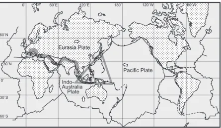Fig. 1　 Distribution of plates and their geometry on the Earth. Shaded band indicates the Alpine-Himalayan orogenic  belt, which marks the collision sutures of Africa, Arabia, and Indo against Eurasia continents