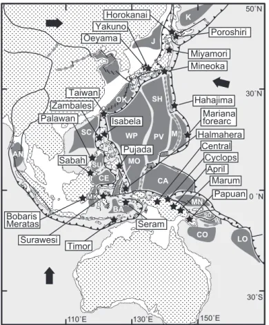 Fig. 2　 Distribution of micro-plates forming marginal basins  （gray field）  and representative ophiolites  （black stars）