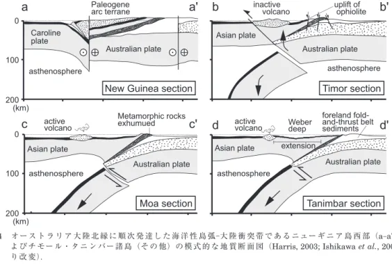 Fig. 4　 Schematic cross-sections of the western New Guinea  （a - a'）  and Timor-Tanimbar regions  （others）  showing  different stages of arc-continent collisional settings developed along the northern margin of Australia   （modi-fied after Harris, 2003; Is