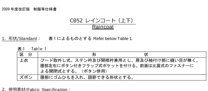表 1  Table 1  区  分  形  状  上衣  フード取外し式、ステン衿及び開襟衿兼用とし、肩及び袖付け部に縫い目が無く、  腰部左右にボタン付きフラップ式ポケットを付ける。前面は比翼式のファスナーに  よる開閉式とする。（ボタン併用）  ズボン  腰部にゴムひもを入れ、調節できる形状とする。 