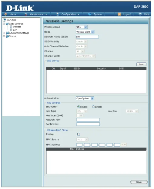 図 4-4  Wireless Settings（Wireless Client）画面 本画面には以下の項目があります。