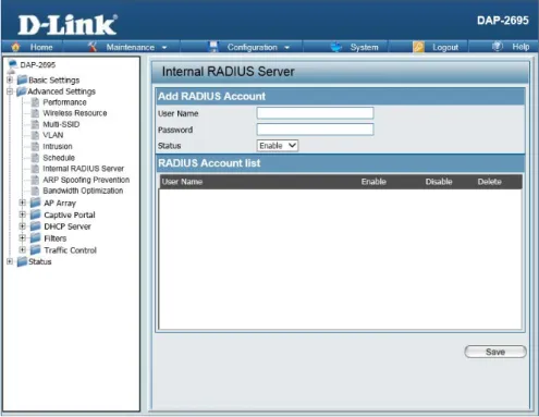 図 4-19- Internal-RADIUS-Server 画面 本画面には以下の項目があります。 項目 説明 User-Name 内蔵 RADIUS サーバへのアクセス権限のあるユーザ名を入力します。特殊文字として「@」「-」「.」「_」が設定 可能です。 Password 内蔵 RADIUS サーバへのアクセス権限のあるユーザのパスワードを入力します。パスワードは 8~64 字以内。