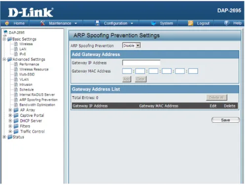 図 4-20　ARP-Spoofing-Prevention-Settings 画面 本画面には以下の項目があります。 項目 説明  ARP-Spoofing-Prevention ARP スプーフィング防止設定を「Enable」（有効）または「Disabled」( 無効 ) にします。 Add-Gateway-Address Gateway-IP-Address ゲートウェイ IP アドレスを入力します。 --ゲートウェイ IP アドレスの第 4 オクテットが「0」と「255」の場合は設定できません。 G