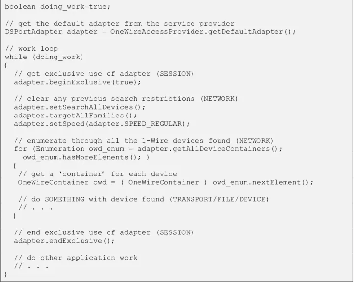 図 8 に記載されている API 呼び出しを構成する必須モジュールのすべては、単一の jar ファイルである OneWireAPI.jar にあります。この単一のモジュールを適切な場所またはクラスパスに配置すると、 API 全体が提供されます。ただし、以下 のようなよく知られた 2 つの例外があります。すなわち、特定のプラットフォームにインストールされる必要があるネイティブ または通信 API があるということ、あるいはプラットフォームにはサイズ制限があるため、API 全体を有効にすることは好ま しくないと