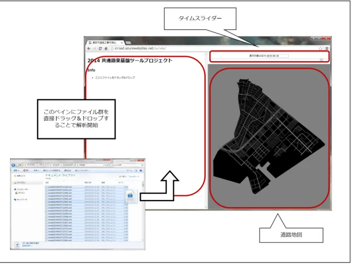 図  10  集計/可視化機能・時系列優先ビューの画面構成  (1/2,  初期状態）    左ペインではドラッグ＆ドロップが指示されており、入力支援機能で作成・保存した XML ファイル群をドラッグ＆ドロップすることで解析が開始する    画面右上にはタイムスライダーが表示されている。初期のレンジは 1889 年 1 月 1 日（浦安 村の成立）から 2020 年 12 月 31 日に設定されている。    画面右下には道路地図が表示されている。道路・区域にマウスオーバーすることで、それぞ れの道路