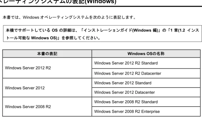 表  記 オペレーティングシステムの表記(Windows)  本書では、Windows オペレーティングシステムを次のように表記します。  本機でサポートしている OS の詳細は、「インストレーションガイド(Windows 編)」の「1 章(1.2  インス トール可能な Windows OS) 」を参照してください。 本書の表記  Windows OSの名称  Windows Server 2012 R2 