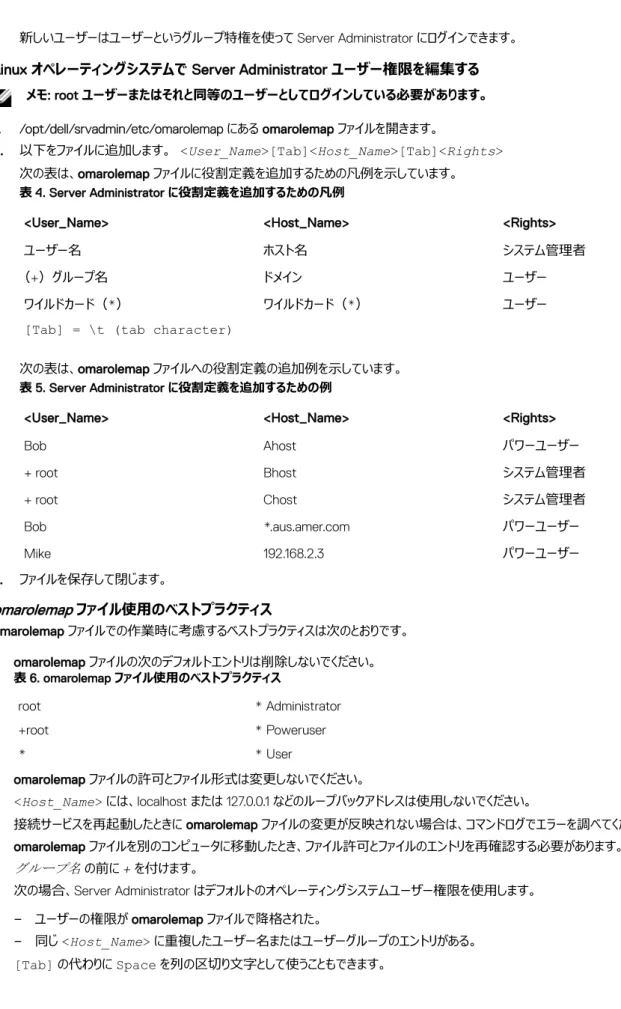 表 4. Server Administrator に役割定義を追加するための凡例