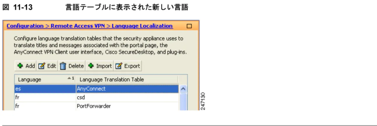 図 11-13 言語テーブルに表示された新しい言語 AnyConnect  インストーラ画面のローカライズ AnyConnect GUI  と同様に、 VPN  サービスをインストールするクライアント インストーラ プログラム で表示されるメッセージを翻訳できます。 ASA  はトランスフォームを使用して、インストーラに表示 されるメッセージを翻訳します。トランスフォームによってインストレーションが変更されますが、元 のセキュリティ署名  MSI  は変化しません。これらのトランスフォームではインストーラ画