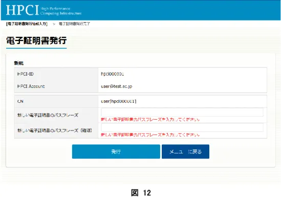 図  12  対処として、パスフレーズを入力してから、ボタン「発行」を押下してください。  (2) エラーメッセージ「12 文字以上入力してください。」が表示された場合  画面「電子証明書発行」（図  9）、（図  10）において、エラーメッセージ「12 文字以上入力してください。」が表示 された場合、入力したパスフレーズが 12 文字未満の状態でボタン「発行」を押下しています（図  13）。  図  13  対処として、12 文字以上のパスフレーズを入力してから、ボタン「発行」を押下してください。  (3