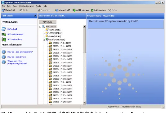 図 15 オンライン機器が自動的に設定された Connection Expert GPIB 機器の電源が入っていると、接続ウィザードがオンライン機器を 自動的に検出し、デフォルトコンフィグレーションを割り当てます。  キャピラリー電気泳動の場合、この割り当ては正しくありません。 手動 で接続を構築する必要があります。  この機器の電源は切ったままにして ください。  これにより、間違ったデフォルトコンフィグレーションの割 り当てを防止します。