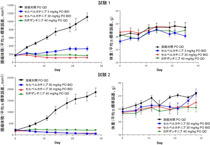 図 2.6.2-8. KIF5B-RET 陽性 NSCLC PDX 腫瘍モデルにおける腫瘍増殖抑制作用 （各群 n = 8、試験 1 のカボザンチニブ群のみ n = 12） 脳に移植した RET 融合遺伝子陽性 PDX 腫瘍の増殖抑制作用 報告書 LOXO-292-PHARM-013 (4.2.1.1.15) 雌ヌードマウス（ Balb/c:Nu/Nu ）の脳に CCDC6-RET 融合タンパク質発現 PDX 腫瘍である CR2518 懸濁液を注入し、脳内での腫瘍増殖に対するセルペルカチニブの抑制作用を検討