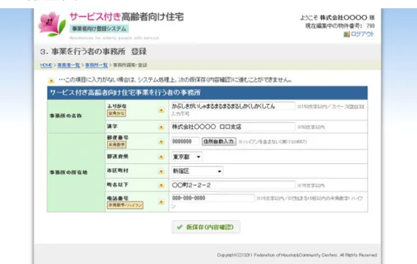 図   11 事務所登録フォーム 表   4 事務所登録フォーム入力項目一覧 項目名  入力制限  注意事項  事務所の名称 ふりがな 全角かな 150 文字以内 空白は入力不可です 漢字 50 文字以内  事務所の所在地 郵便番号 半角数字 7 文字 都道府県 リストの中から選択 市区町村 リストの中から選択  町名以下 75 文字以内 電話番号 半角数字もしくはハイフンで 15 文字以内 4.3.2.2