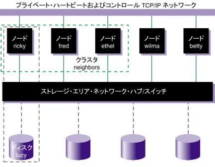 図 2-1  に、ローカル・オーナーによって制御される物理ボリュームを示します。 この例では、ノー ド ricky のローカル・ドメインは  XVM  の  physvol  lucy にあります。 ノード ricky は、ノー ド fred およびノード ethel も含む  CXFS  クラスタ neighbors の一部ですが、 fred と ethel のどちらも lucy を制御できません。