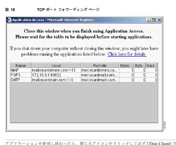 図 16 TCP  ポート フォワーディング ページ 注意 アプリケーションを使用し終わったら、閉じるアイコンをクリックして必ず  [Thin Client]  ウィンド ウを閉じる必要があります。ウィンドウを正しく終了できないと、 Thin Client  またはアプリケー ションがディセーブルになるおそれがあります。詳細は「 Thin Client ：ホスト ファイル エラーから の回復」（ P.19 ）を参照してください。 表 3  にご使用の  PC  または装置での  Thin Client （ポ