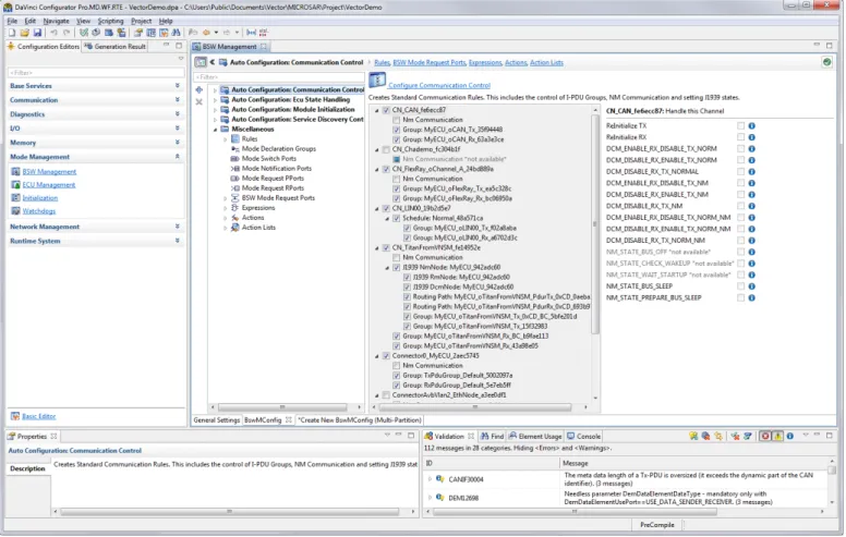 図 21:  DaVinci Configurator Pro による事前設定済みのステートマシン。Module Initialization および Communication Control の自動設定のほか、プロジェクトに関連 した BSW 管理の設定（[Custom Configuration]）の領域も表示 