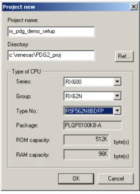 図 4.4   PDG 新規プロジェクトウィンドウ ステップ 4.5  ウィンドウを図 4.4 と同じ構成内容にして、"OK"をクリックします。  PDG プロジェクトは HEW プロジェクトから分離されているので、同じディレクトリに格納する必要はあり ません。  ステップ 4.6 RX 周辺機能を制御するウィンドウが表示されます。編集ペインの下部にあるタブを使用 して、現在編集中の周辺機能を切り換えることができます。デフォルトでは、選択された 最初のペインは、システムクロックを制御する&#