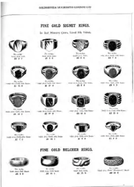 図 7  18 金製男性用シグネットリングとベルチャーリング各種。1901 年 Goldsmiths &amp; Silversmiths  Company Ltd.カタログから 