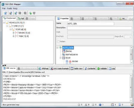 図 11.1 SAS XML Mapper アプリケーション ウィンドウの使用 XML ウィンドウと XMLMap ウィンドウを、主として使います。左側にある XML ウィンドウは、XML ドキュメントをツリー構造で表示します。右側にある XMLMap ウィンドウは、 XMLMap をツリー構造で表示します。このマップツリ ーには、3 つの層が表示されます。最上位層はこのマップ自体を表します。2 番 目の層にはテーブルが含まれます。リーフノードは列を表します。最上位の詳 細エリアには、現在選択されている項目