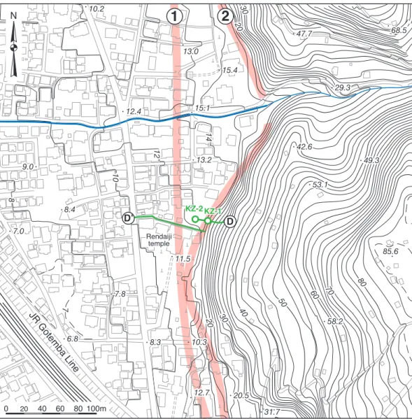 Fig. 12. Topographic features along the Kozu-Matsuda fault around the Kozu boring site