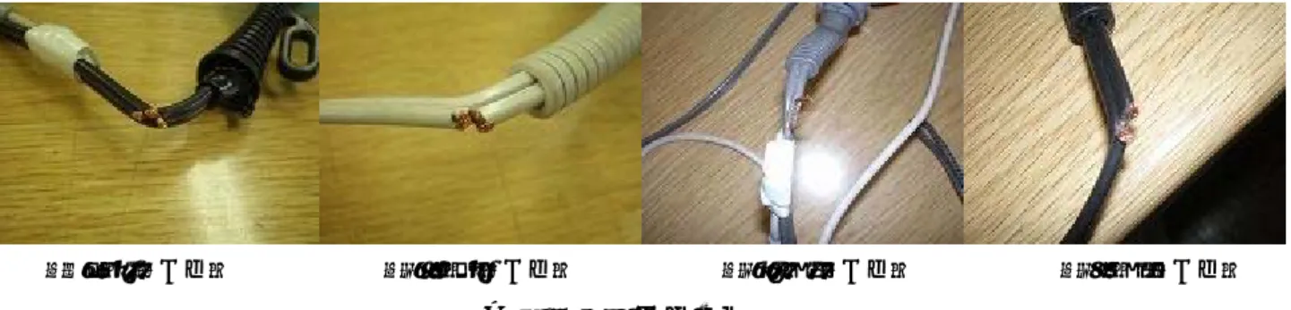 図 7-3  素線切断状況  96％切断条件の No.13 については、コード温度の上昇が大きく、コード温度が 100℃を超 えた付近で火花とともに素線が溶断し断線した。実験後に被覆部をはがしてみると焦げた跡 があり、元の被覆部も溶けた跡が見られた。  図 7-4 に No.13 実験後の様子を示す。            実験後（溶けた被覆）                                      実験後（溶けた被覆と温度センサー）  図 7-4  No.13 実験後の状況 