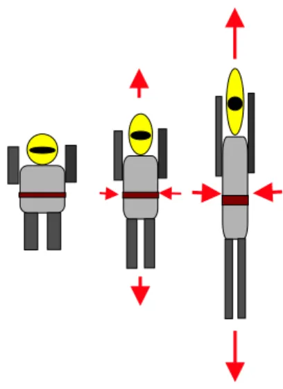 図 1.5: 宇宙飛行士に働く潮汐力。矢印は宇宙 飛行士の重心に対しての「重力の差 (潮汐力)」 を表します。上下方向には引き伸ばそうとする 力、前後・左右方向には圧縮させようとする力 が働くようになります。宇宙飛行士がブラック ホールに近づいていくと、宇宙飛行士に作用す る潮汐力は、(左図) → (中央図) → (右図) のよ うに強くなります。このような事情のため、あなたがブラックホールを探検したいと思う時、大きなブラックホールに近付くのか、小さなブラックホールに近付くのかで潮汐力の働き方(力の大きさ)