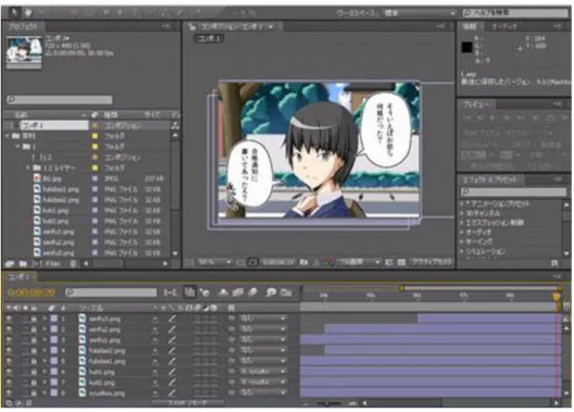 図 3.8  AfterEffects による編集画面  ３ . ５ . １ セリフの配置 本作品は、セリフが時間の経過と共に現れてくるようなアニメーションをつけ る。そのため、セリフは素材のレイヤーの一番上に配置し、指定した時間にな ると現れるように、セリフが表示開始される開始位置をタイムライン上で設定 する  (図 3.9 参照)  。 