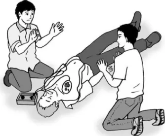図 21  誰も傷病者に触れていないことを確認する  6）電気ショックと心肺蘇生の再開  （1）電気ショックの指示が出たら  AED は心電図を自動的に解析し、電気ショックが必要である場合には、「ショックが必要です」など の音声メッセージとともに自動的に充電を開始します。周囲の人に傷病者の体に触れないよう声をかけ、 誰も触れていないことをもう一度確認します。充電が完了すると、連続音やショックボタンの点灯とと もに電気ショックを行うように音声メッセージが流れます。これに従ってショックボタンを押し電気シ ョック