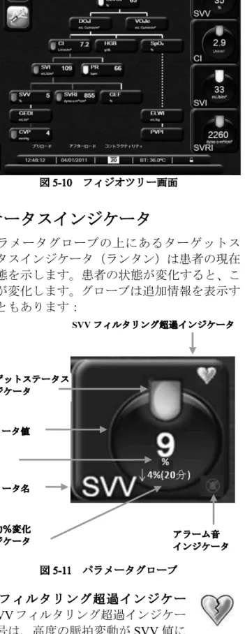 図  5-10 　フィジオツリー画面 ステータスインジケータ 各パラメータグローブの上にあるターゲットス テータスインジケータ（ランタン）は患者の現在 の状態を示します。患者の状態が変化すると、こ の色が変化します。グローブは追加情報を表示す ることもあります： 図  5-11 　パラメータグローブ SVV フィルタリング超過インジケー タ： SVV フィルタリング超過インジケー タ記号は、高度の脈拍変動が SVV 値に 影響している可能性がある場合表示されます。 注意 SVV フィルタリング超過インジケー