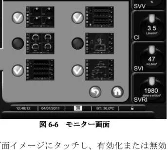 図  6-6 　モニター画面 5  画面イメージにタッチし、有効化または無効 化します。有効化されている画面にはナビ ゲーションバーでアクセスすることができま す。無効化されている画面にはアクセスする ことができません。 6  Home ボタンにタッチし、モニタリ ング画面に戻ります。 フ ィ ジ オ ビ ュ ー お よ び フ ィ ジ オ ツ リ ー の オ プ ション設定 1  設定ボタンにタッチします。 2  モニター設定にタッチします。 3  モニタリング画面にタッチします。 4  アラーム &am