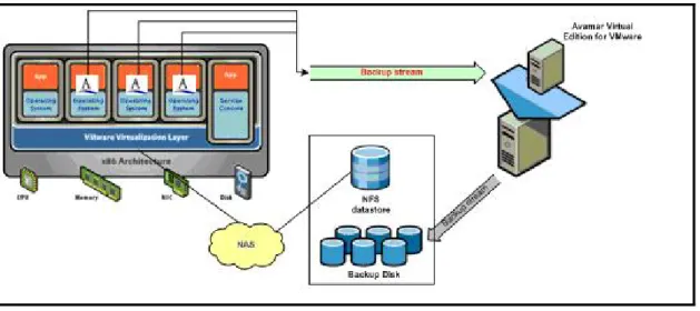 図 5  に、ゲスト・ベースの Avamar バックアップの実行方法を示します。               図 5  ゲスト・ベースの Avamar バックアップ 表 9  に、 Avamar ありの場合と Avamar なしの場合の、 3 つの仮想マシンのゲスト・ベースのバック アップの結果を示します。バックアップ・データセットには、ディスク上の OS システム・ファ イルを含むすべてのファイルが含まれました。ここでは、本番 ESX Server をバックアップ・ソー スとしました。 Avamar クラ