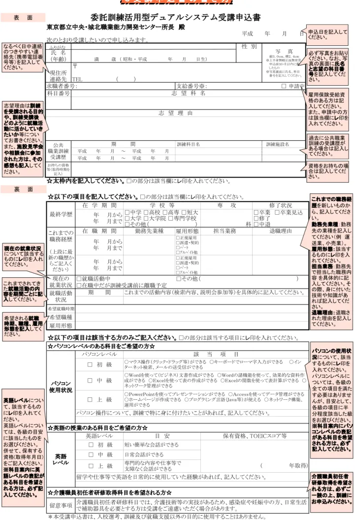 表　　面 平成　　　年　　　月　　　日 次のとおり受講したいので申し込みます。 氏　名 性　別 （年齢）    満　　　　歳　（ 昭和 ・ 平成　  　　      年　　　月　　　日生） 〒 現住所 連絡先 TEL （　　　　） □：※号番給支：号番者職求 申請中 科目番号 名設施練訓　名目科練訓　　　 写　　真 　　　縦３．０ｃｍ、横２．４ｃｍ 　 ※上半身無帽正面無背景、　 　 申込前３か月以内に撮影　    したもの　 ※写真裏面に氏名、科目　 　 番号を記入してください。期　　　　間 平成　　　年